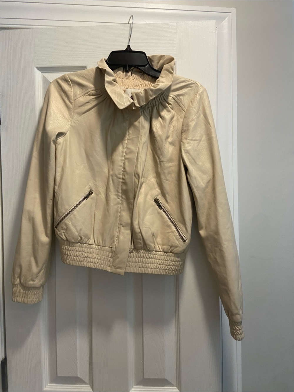 hinge Cream Ruffle Collar Bomber Jacket